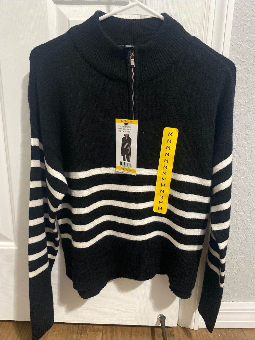 DKNY Black Sweater with White Horizontal Stripes
